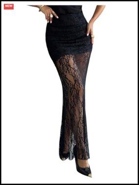 Sheer Lace Maxi Skirt High Waisted Y2K Goth Bodycon Long See Through